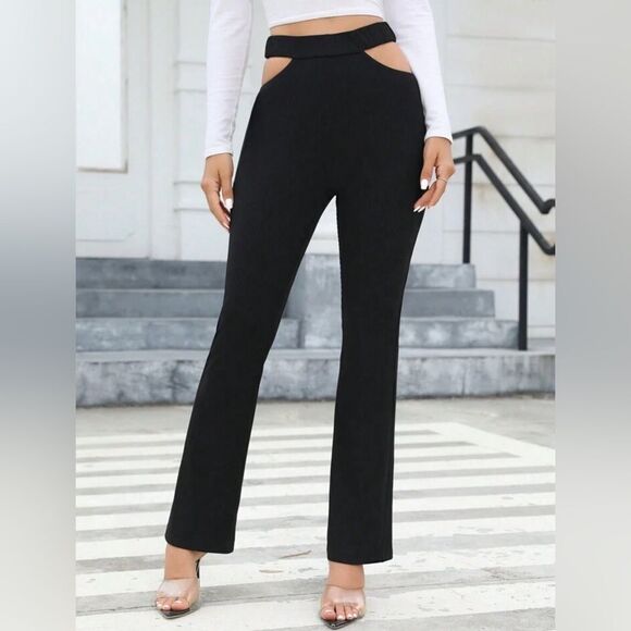 SHEIN Women’s Black Prive Cut Out Waist Textured Sexy Flare Leg Pants Medium - Picture 1 of 13